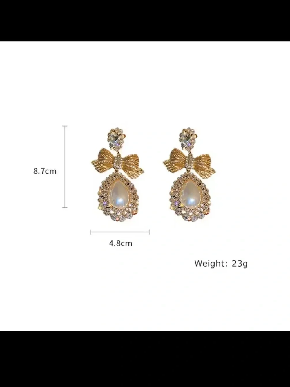 Gold Bow Pearl Drop Earrings with Clear Crystals